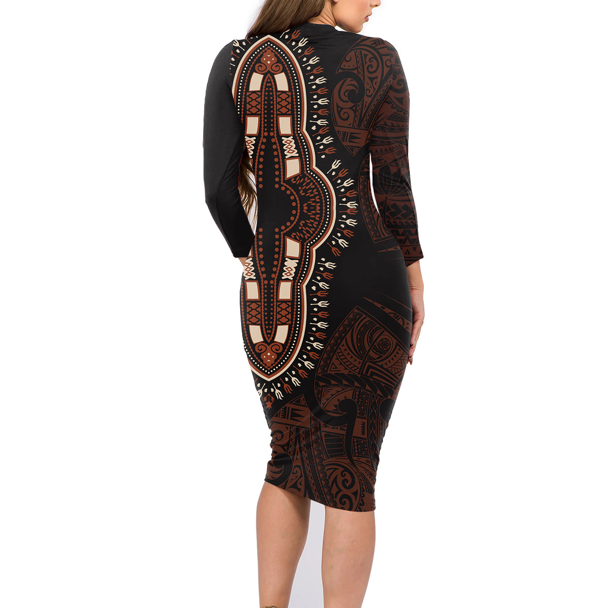 Africa Dashiki Family Matching Long Sleeve Bodycon Dress and Hawaiian Shirt African Tribal Art Mixed Polynesian Tattoo Red Color Unique LT9 - Polynesian Pride