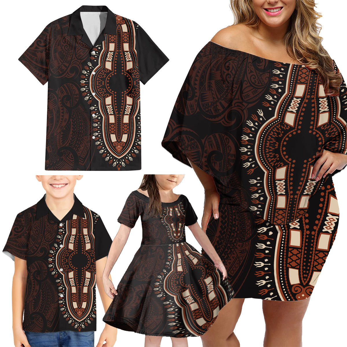 Africa Dashiki Family Matching Off Shoulder Short Dress and Hawaiian Shirt African Tribal Art Mixed Polynesian Tattoo Red Color Unique LT9 - Polynesian Pride