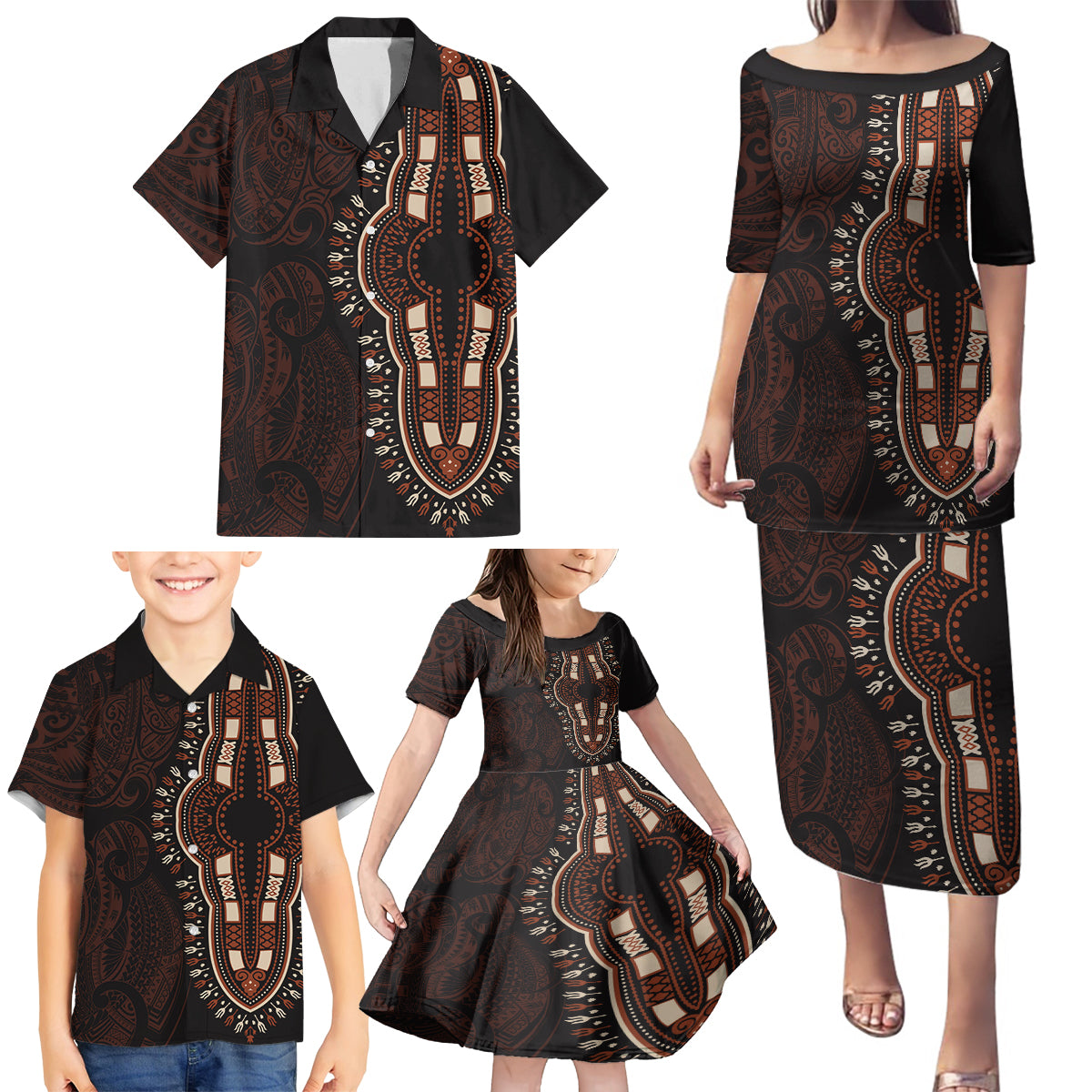 Africa Dashiki Family Matching Puletasi Dress and Hawaiian Shirt African Tribal Art Mixed Polynesian Tattoo Red Color Unique LT9 - Polynesian Pride