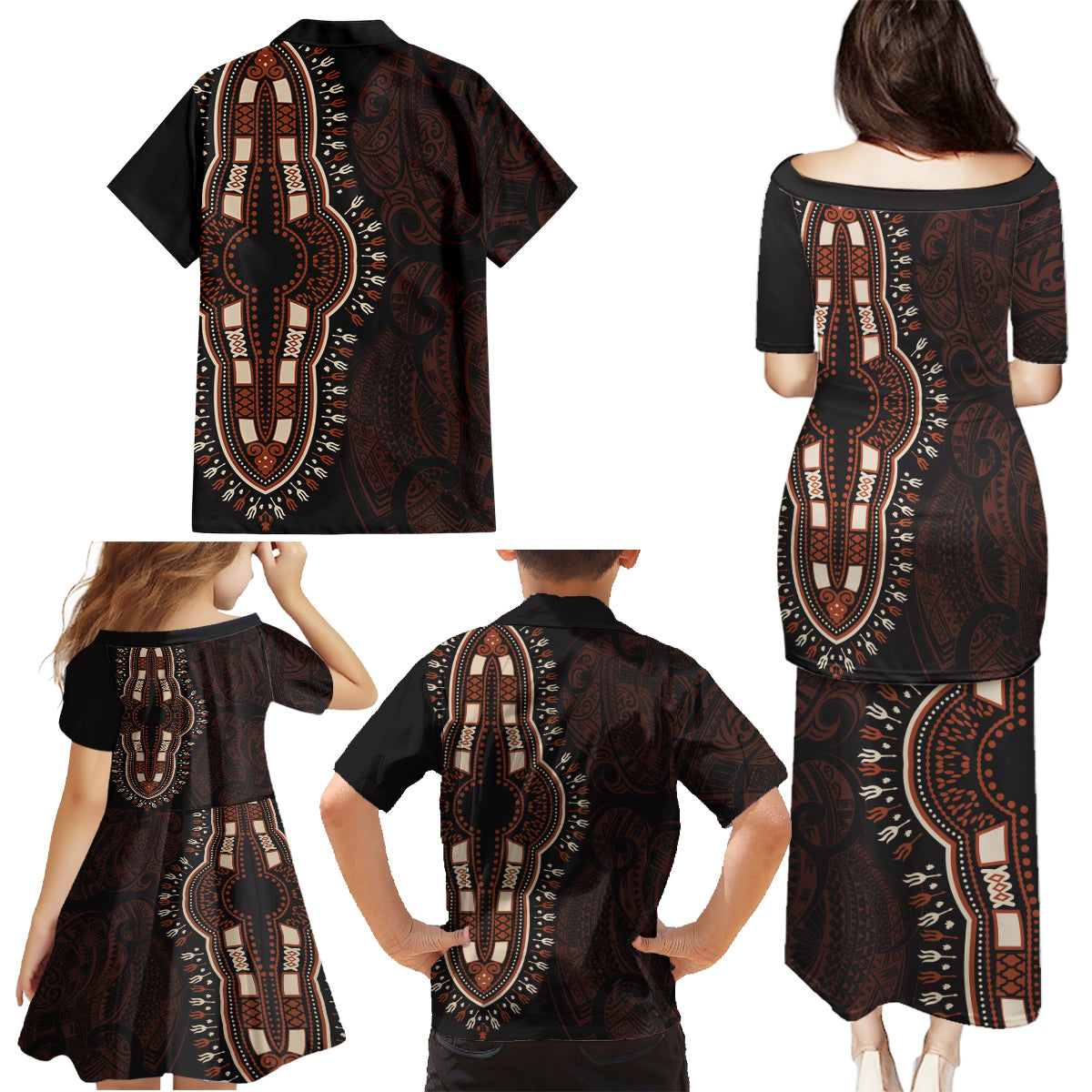 Africa Dashiki Family Matching Puletasi Dress and Hawaiian Shirt African Tribal Art Mixed Polynesian Tattoo Red Color Unique LT9 - Polynesian Pride