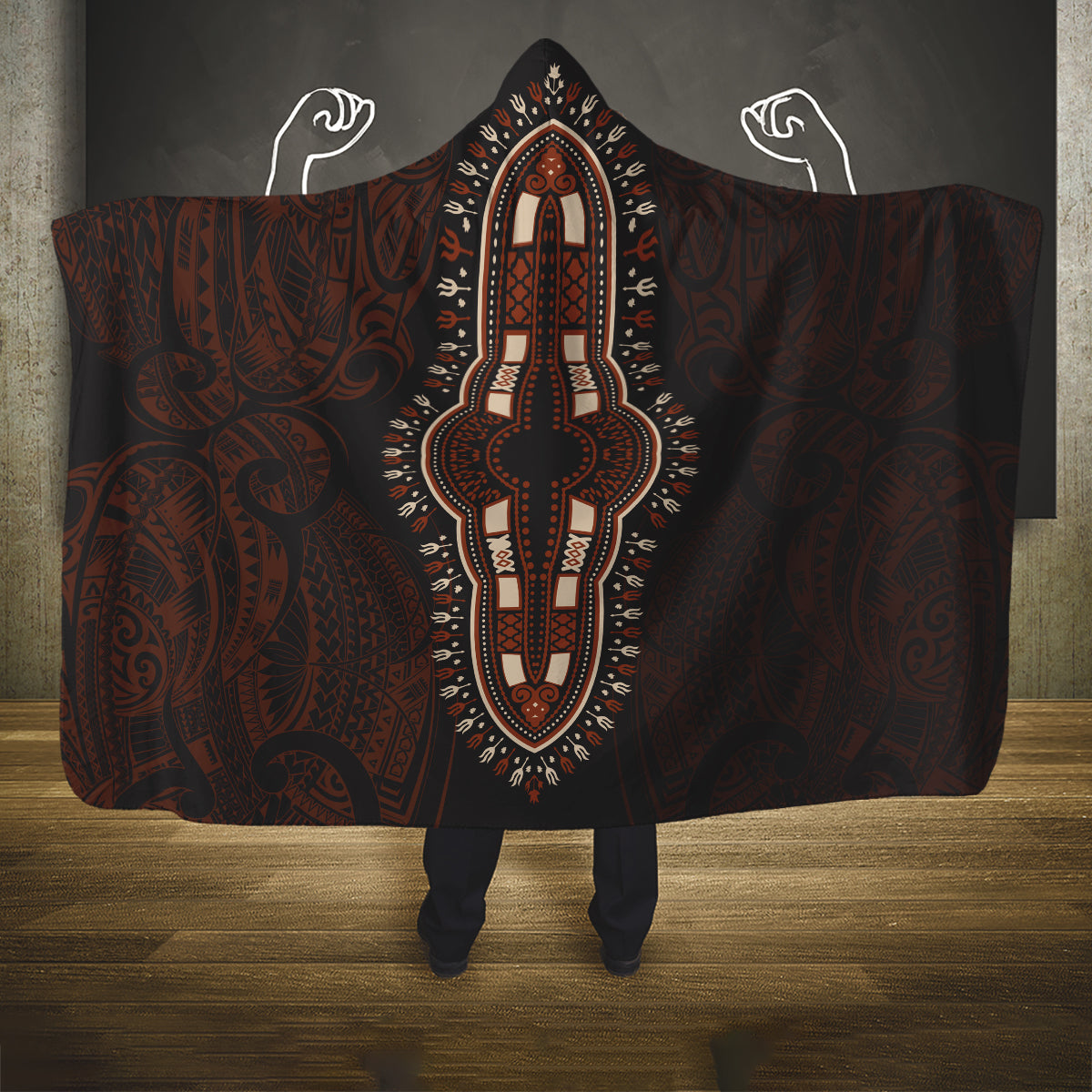 Africa Dashiki Hooded Blanket African Tribal Art Mixed Polynesian Tattoo Red Color Unique LT9 One Size Red - Polynesian Pride