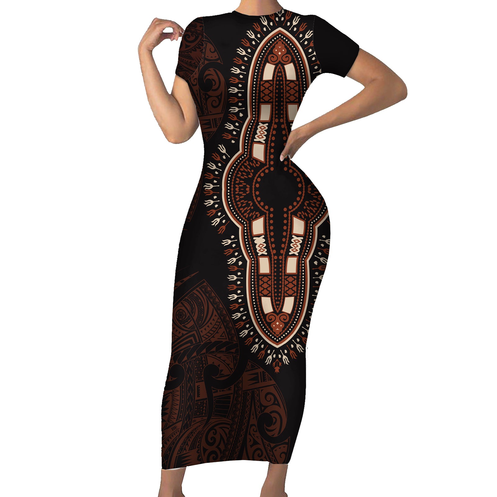Africa Dashiki Short Sleeve Bodycon Dress African Tribal Art Mixed Polynesian Tattoo Red Color Unique LT9 Long Dress Red - Polynesian Pride