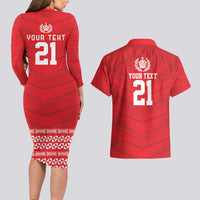 Custom Mate Ma'a Tonga Heritage Couples Matching Long Sleeve Bodycon Dress and Hawaiian Shirt Pacific Tribal Rugby Red Edition - Polynesian Pride