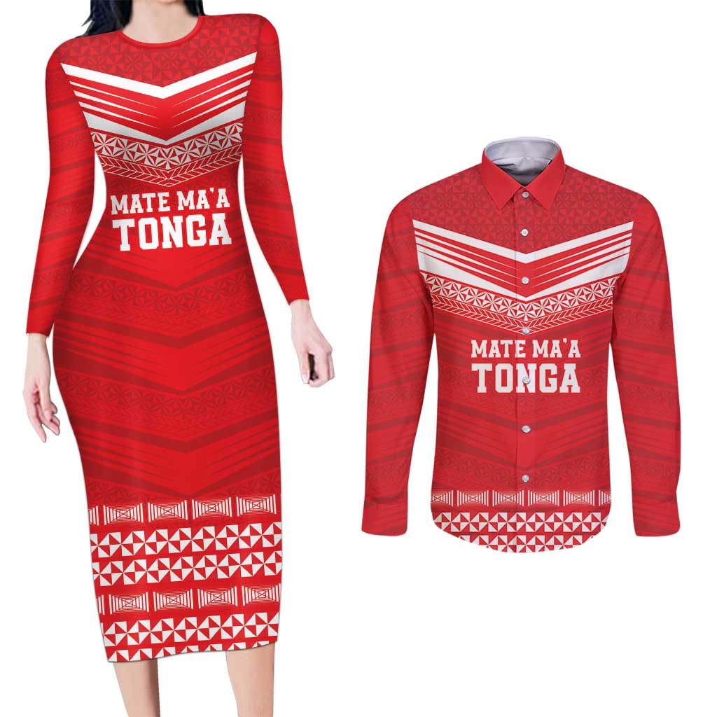 Custom Mate Ma'a Tonga Heritage Couples Matching Long Sleeve Bodycon Dress and Long Sleeve Button Shirt Pacific Tribal Rugby Red Edition LT9 Red - Polynesian Pride