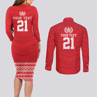 Custom Mate Ma'a Tonga Heritage Couples Matching Long Sleeve Bodycon Dress and Long Sleeve Button Shirt Pacific Tribal Rugby Red Edition LT9 - Polynesian Pride