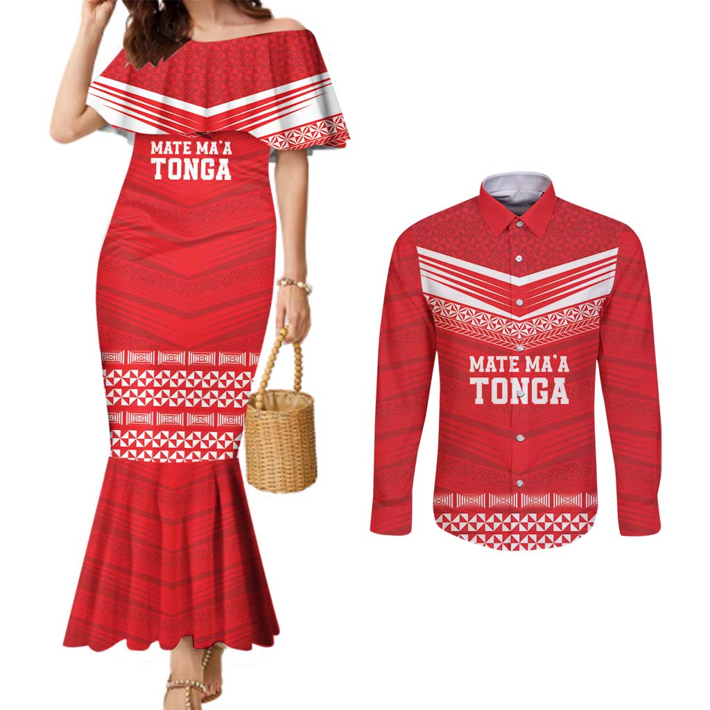 Custom Mate Ma'a Tonga Heritage Couples Matching Mermaid Dress and Long Sleeve Button Shirt Pacific Tribal Rugby Red Edition LT9 Red - Polynesian Pride