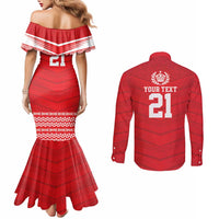 Custom Mate Ma'a Tonga Heritage Couples Matching Mermaid Dress and Long Sleeve Button Shirt Pacific Tribal Rugby Red Edition LT9 - Polynesian Pride