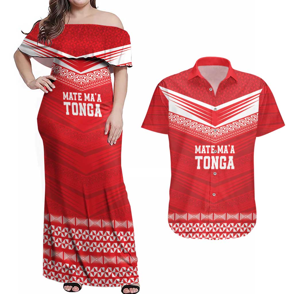 Custom Mate Ma'a Tonga Heritage Couples Matching Off Shoulder Maxi Dress and Hawaiian Shirt Pacific Tribal Rugby Red Edition - Polynesian Pride