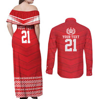 Custom Mate Ma'a Tonga Heritage Couples Matching Off Shoulder Maxi Dress and Long Sleeve Button Shirt Pacific Tribal Rugby Red Edition - Polynesian Pride