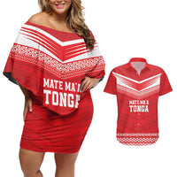 Custom Mate Ma'a Tonga Heritage Couples Matching Off Shoulder Short Dress and Hawaiian Shirt Pacific Tribal Rugby Red Edition - Polynesian Pride