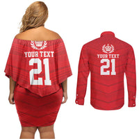 Custom Mate Ma'a Tonga Heritage Couples Matching Off Shoulder Short Dress and Long Sleeve Button Shirt Pacific Tribal Rugby Red Edition - Polynesian Pride
