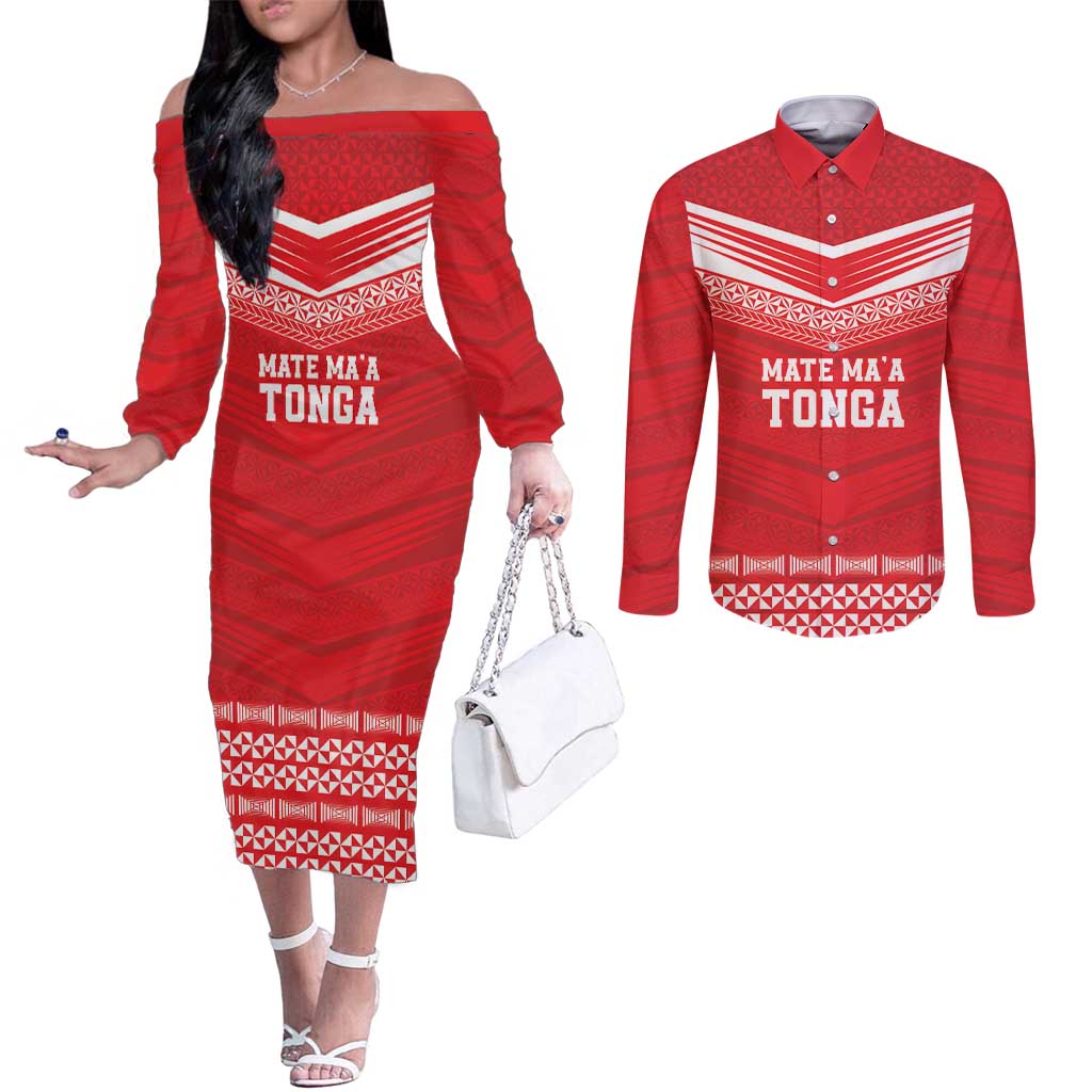 Custom Mate Ma'a Tonga Heritage Couples Matching Off The Shoulder Long Sleeve Dress and Long Sleeve Button Shirt Pacific Tribal Rugby Red Edition LT9 Red - Polynesian Pride