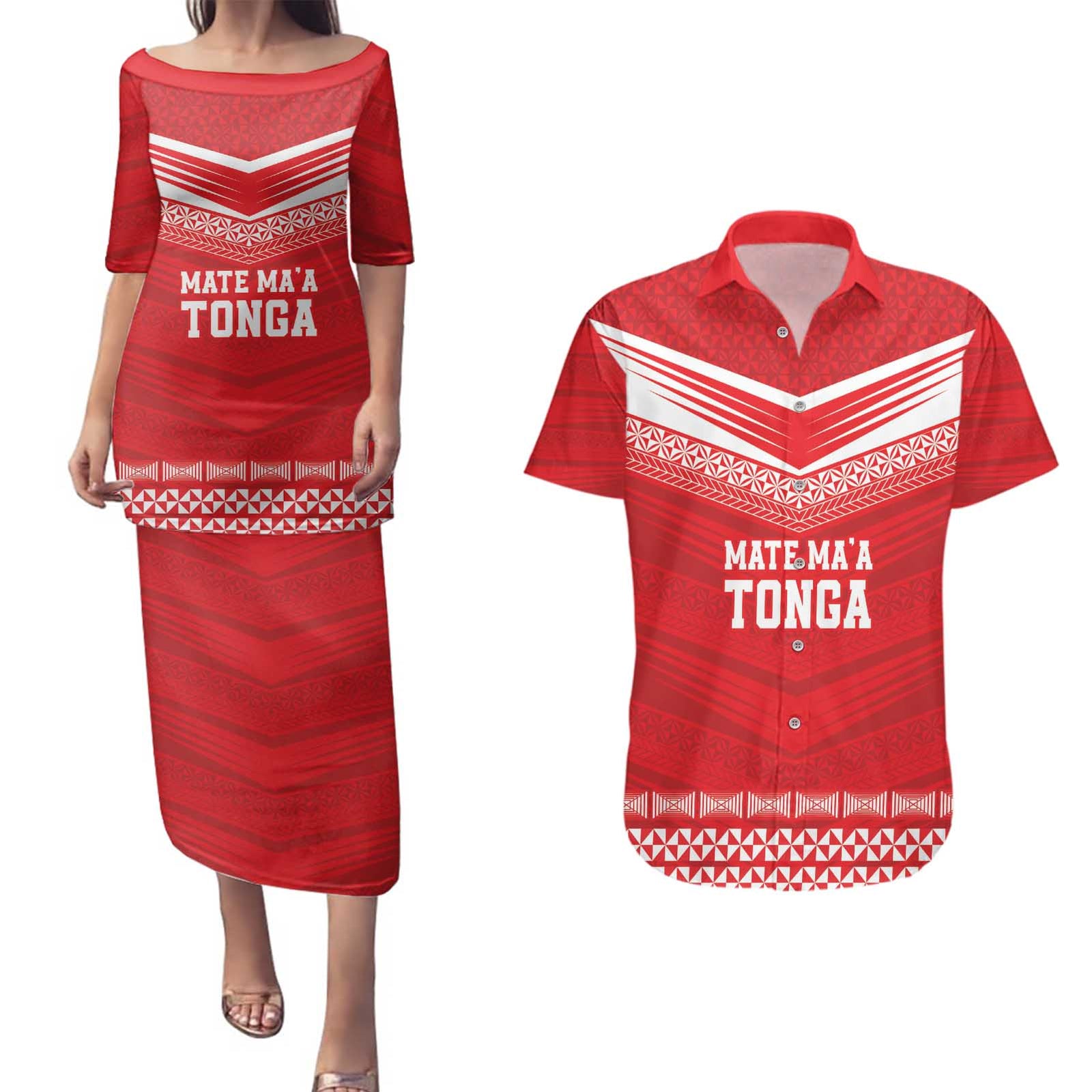 Custom Mate Ma'a Tonga Heritage Couples Matching Puletasi and Hawaiian Shirt Pacific Tribal Rugby Red Edition LT9 Red - Polynesian Pride
