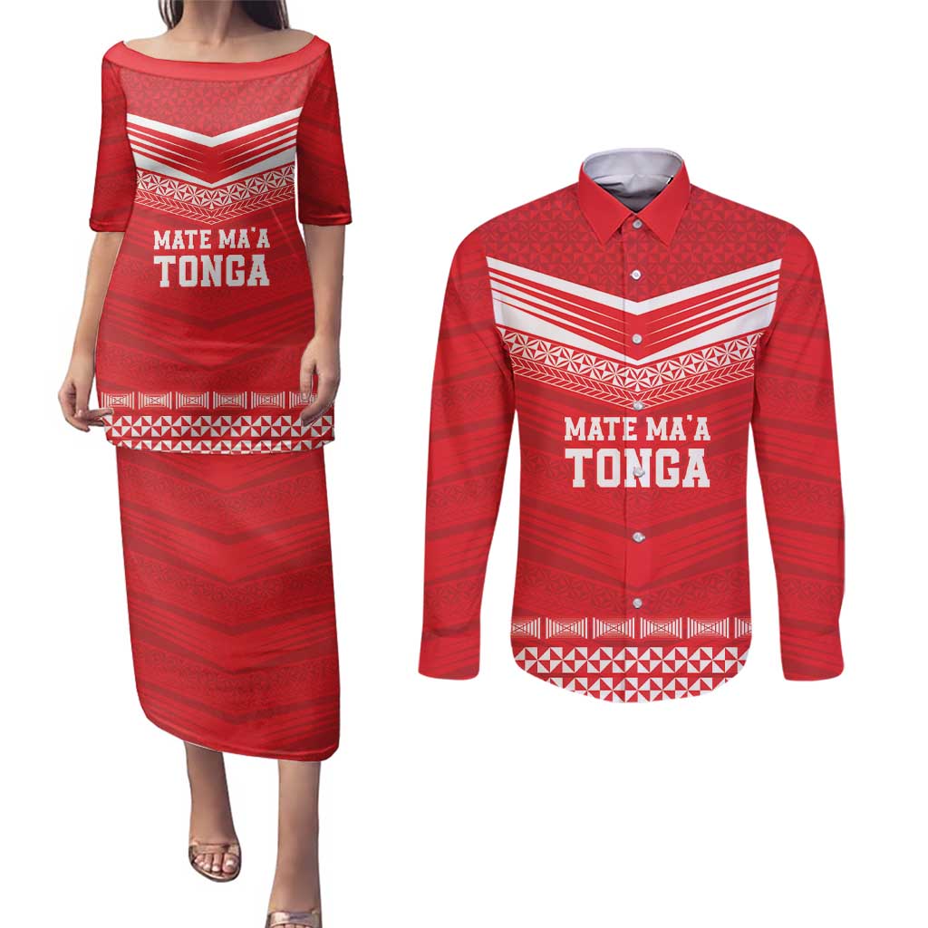 Custom Mate Ma'a Tonga Heritage Couples Matching Puletasi and Long Sleeve Button Shirt Pacific Tribal Rugby Red Edition LT9 Red - Polynesian Pride
