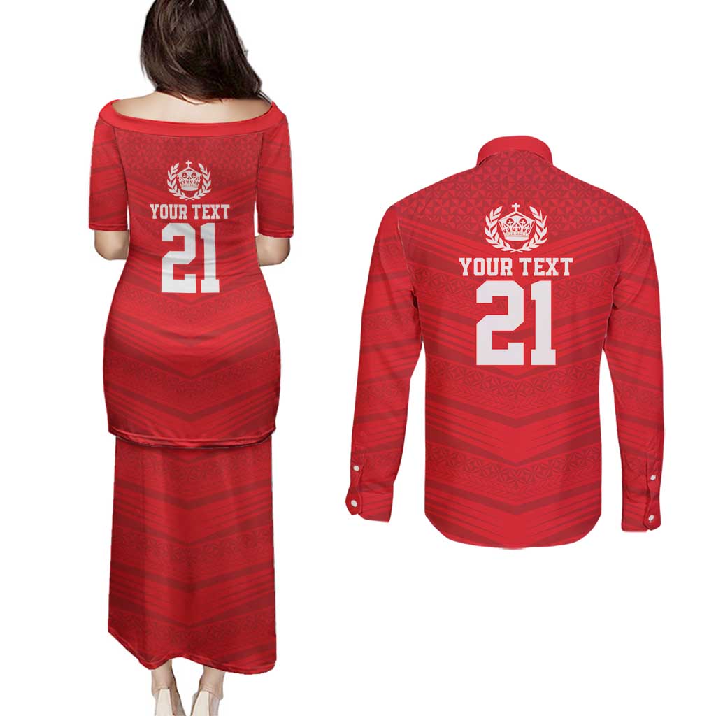 Custom Mate Ma'a Tonga Heritage Couples Matching Puletasi and Long Sleeve Button Shirt Pacific Tribal Rugby Red Edition LT9 - Polynesian Pride