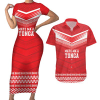 Custom Mate Ma'a Tonga Heritage Couples Matching Short Sleeve Bodycon Dress and Hawaiian Shirt Pacific Tribal Rugby Red Edition - Polynesian Pride