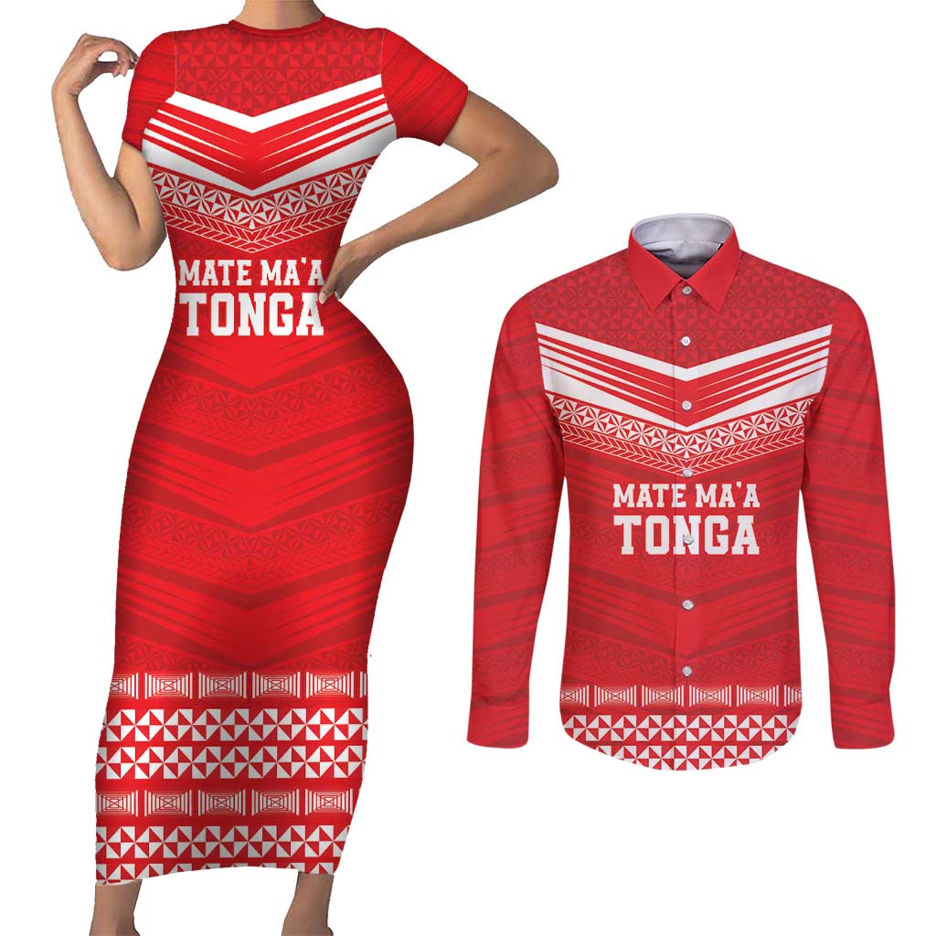 Custom Mate Ma'a Tonga Heritage Couples Matching Short Sleeve Bodycon Dress and Long Sleeve Button Shirt Pacific Tribal Rugby Red Edition LT9 Red - Polynesian Pride