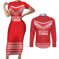 Custom Mate Ma'a Tonga Heritage Couples Matching Short Sleeve Bodycon Dress and Long Sleeve Button Shirt Pacific Tribal Rugby Red Edition LT9 Red - Polynesian Pride