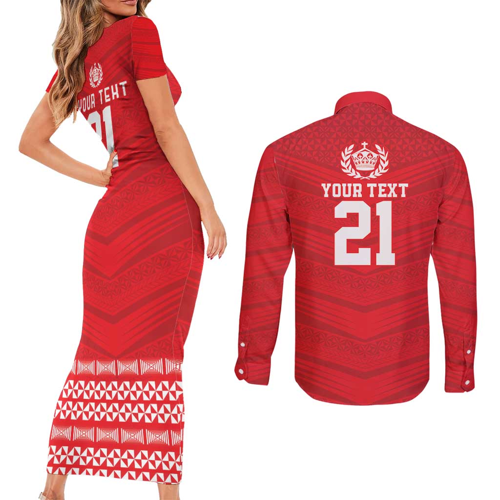 Custom Mate Ma'a Tonga Heritage Couples Matching Short Sleeve Bodycon Dress and Long Sleeve Button Shirt Pacific Tribal Rugby Red Edition LT9 - Polynesian Pride