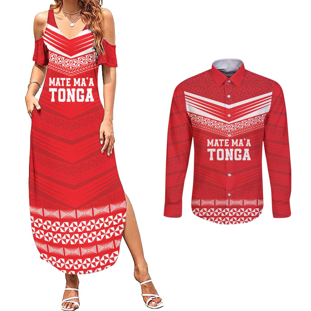 Custom Mate Ma'a Tonga Heritage Couples Matching Summer Maxi Dress and Long Sleeve Button Shirt Pacific Tribal Rugby Red Edition LT9 Red - Polynesian Pride