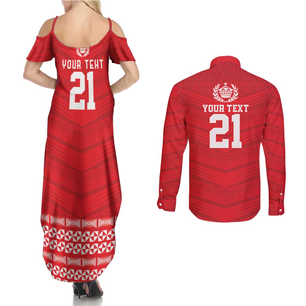 Custom Mate Ma'a Tonga Heritage Couples Matching Summer Maxi Dress and Long Sleeve Button Shirt Pacific Tribal Rugby Red Edition LT9 - Polynesian Pride