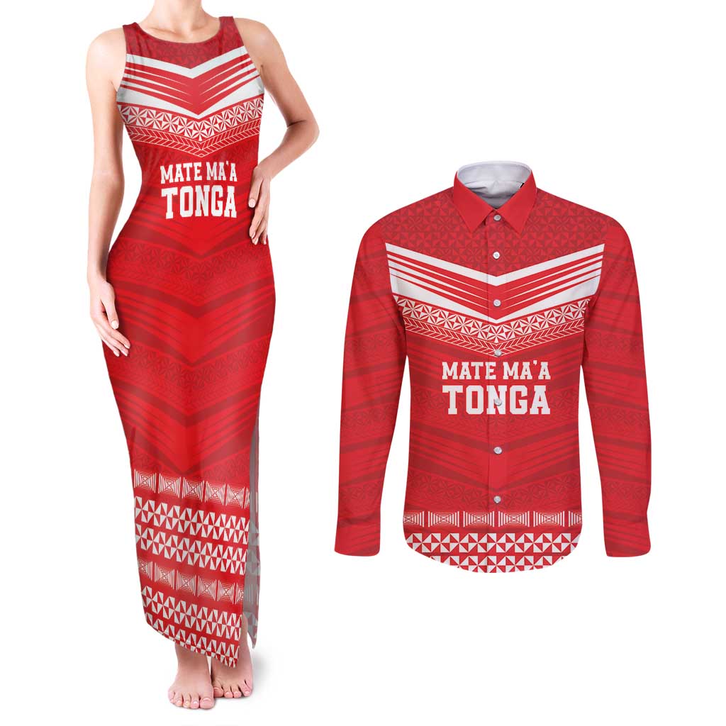 Custom Mate Ma'a Tonga Heritage Couples Matching Tank Maxi Dress and Long Sleeve Button Shirt Pacific Tribal Rugby Red Edition LT9 Red - Polynesian Pride