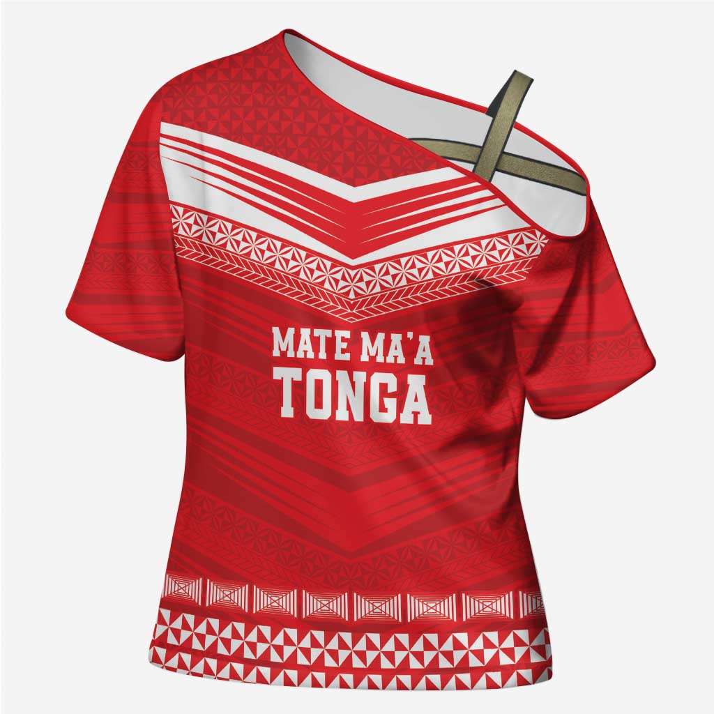 Custom Mate Ma'a Tonga Heritage Cross Shoulder Shirt Pacific Tribal Rugby Red Edition LT9 Female Red - Polynesian Pride