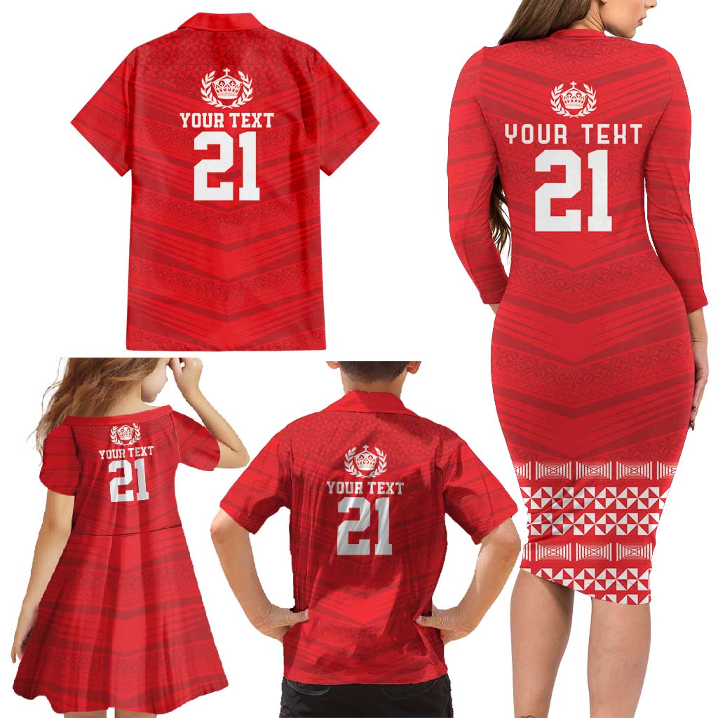 Custom Mate Ma'a Tonga Heritage Family Matching Long Sleeve Bodycon Dress and Hawaiian Shirt Pacific Tribal Rugby Red Edition - Polynesian Pride
