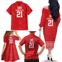 Custom Mate Ma'a Tonga Heritage Family Matching Off The Shoulder Long Sleeve Dress and Hawaiian Shirt Pacific Tribal Rugby Red Edition - Polynesian Pride