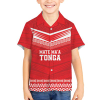 Custom Mate Ma'a Tonga Heritage Family Matching Off The Shoulder Long Sleeve Dress and Hawaiian Shirt Pacific Tribal Rugby Red Edition - Polynesian Pride