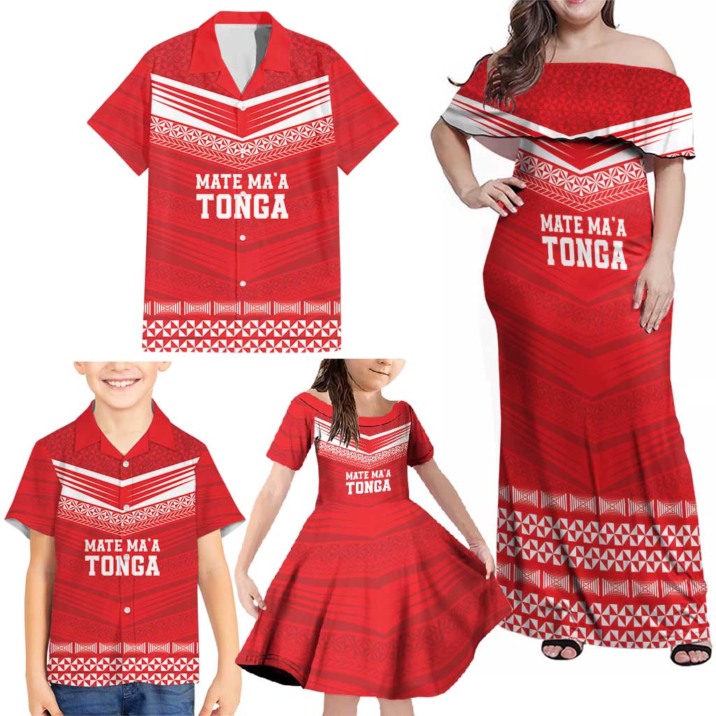 Custom Mate Ma'a Tonga Heritage Family Matching Off Shoulder Maxi Dress and Hawaiian Shirt Pacific Tribal Rugby Red Edition - Polynesian Pride
