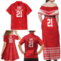 Custom Mate Ma'a Tonga Heritage Family Matching Off Shoulder Maxi Dress and Hawaiian Shirt Pacific Tribal Rugby Red Edition - Polynesian Pride