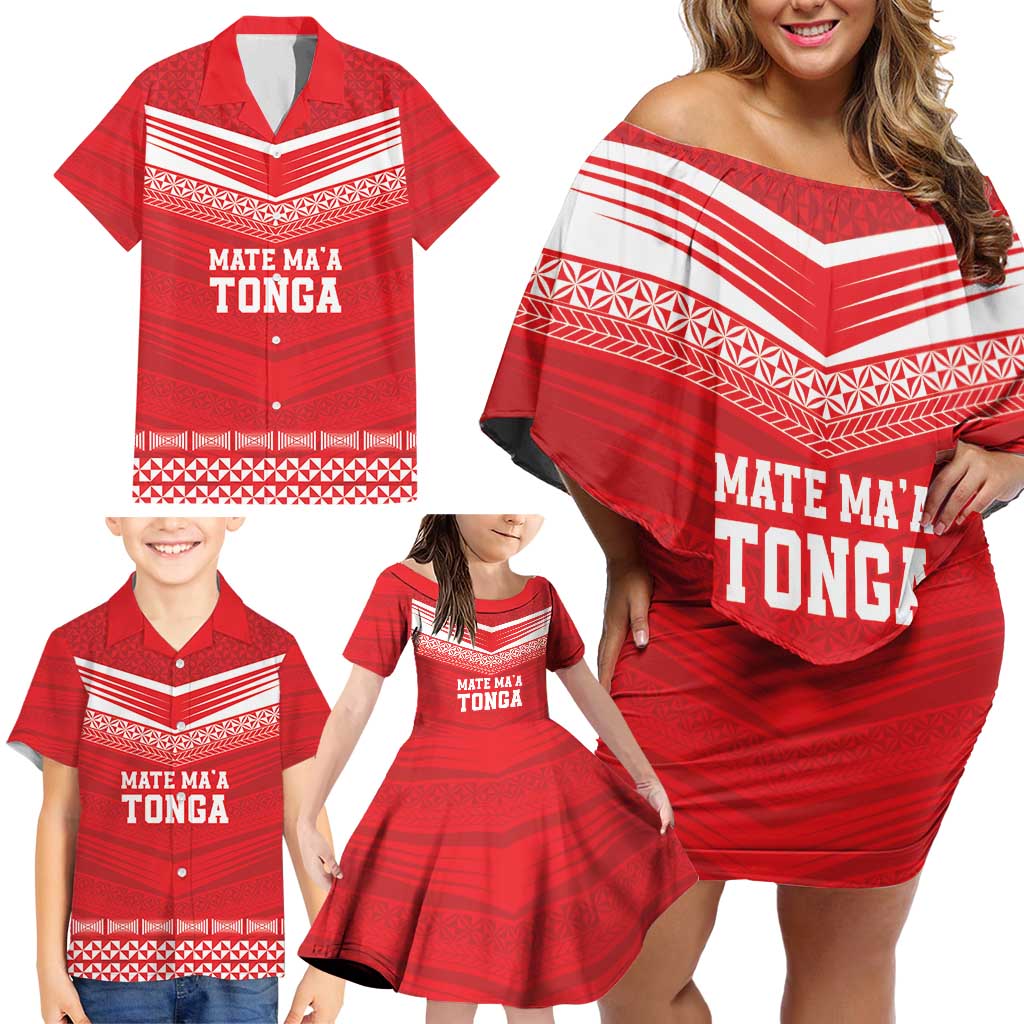 Custom Mate Ma'a Tonga Heritage Family Matching Off Shoulder Short Dress and Hawaiian Shirt Pacific Tribal Rugby Red Edition - Polynesian Pride