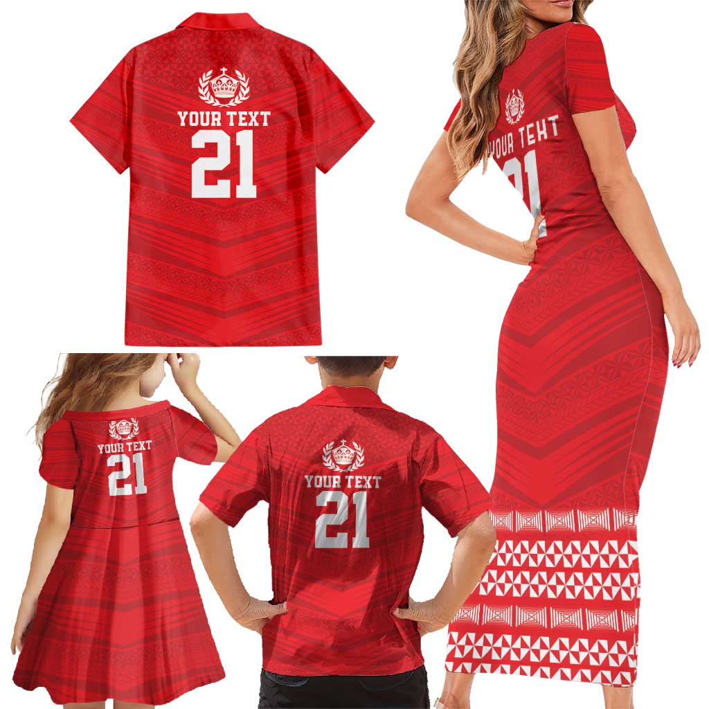 Custom Mate Ma'a Tonga Heritage Family Matching Short Sleeve Bodycon Dress and Hawaiian Shirt Pacific Tribal Rugby Red Edition - Polynesian Pride