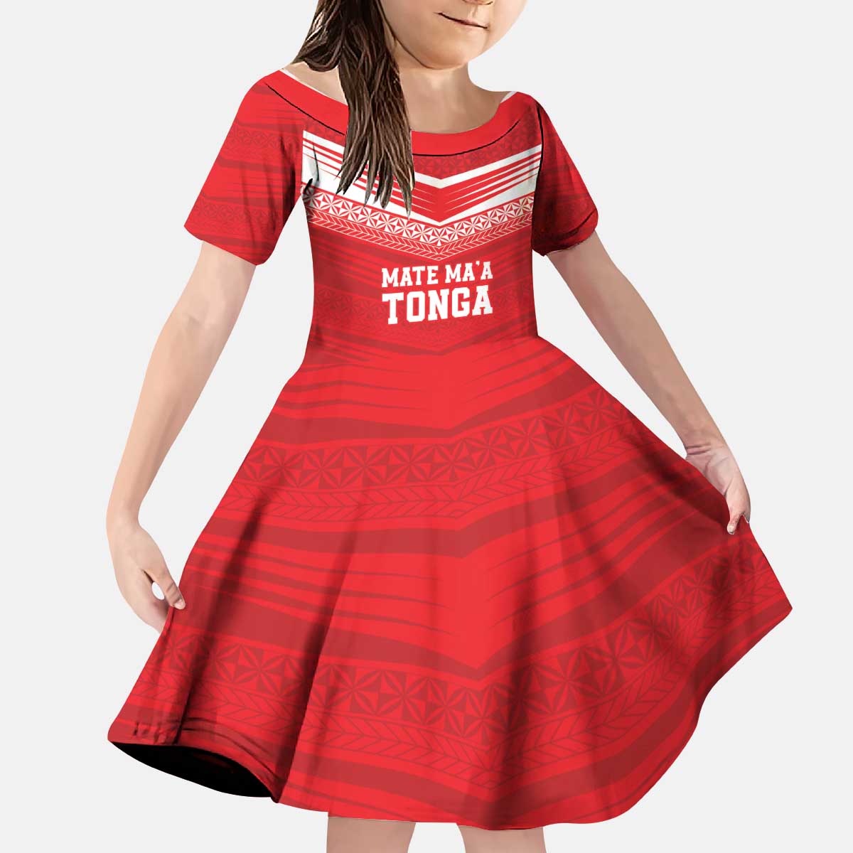 Custom Mate Ma'a Tonga Heritage Kid Short Sleeve Dress Pacific Tribal Rugby Red Edition - Polynesian Pride