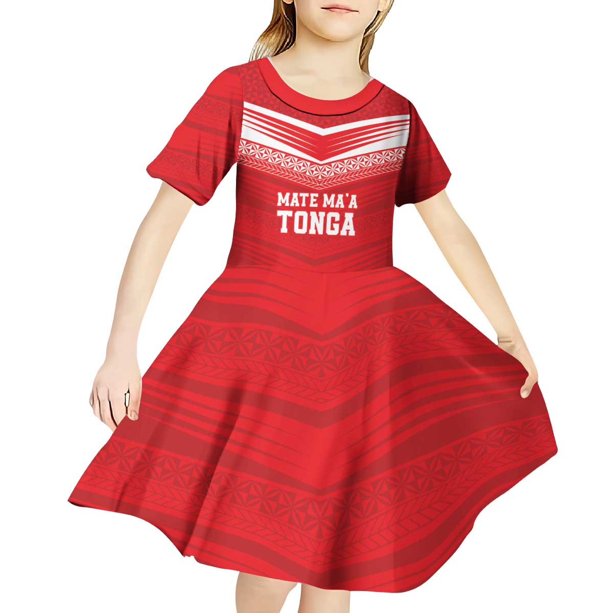 Custom Mate Ma'a Tonga Heritage Kid Short Sleeve Dress Pacific Tribal Rugby Red Edition - Polynesian Pride