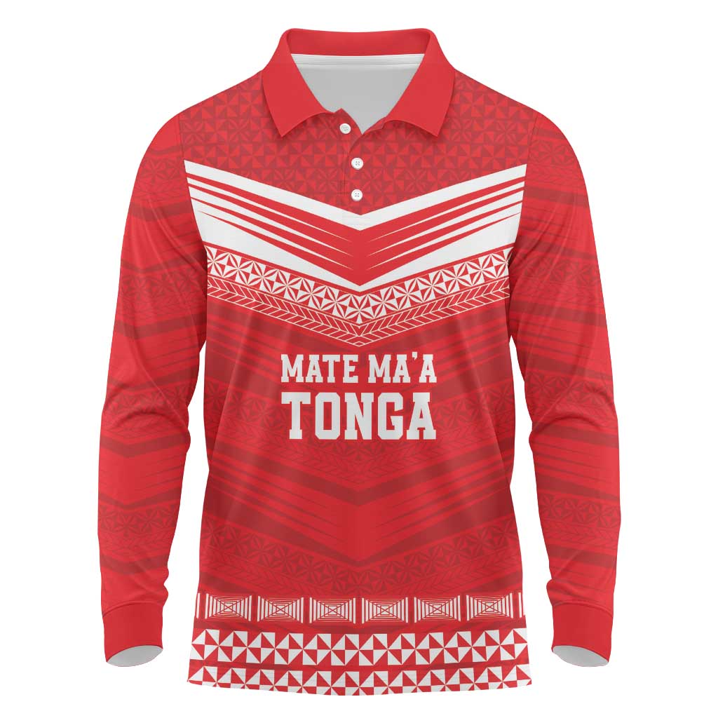 Custom Mate Ma'a Tonga Heritage Long Sleeve Polo Shirt Pacific Tribal Rugby Red Edition - Polynesian Pride