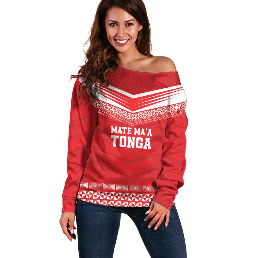 Custom Mate Ma'a Tonga Heritage Off Shoulder Sweater Pacific Tribal Rugby Red Edition - Polynesian Pride