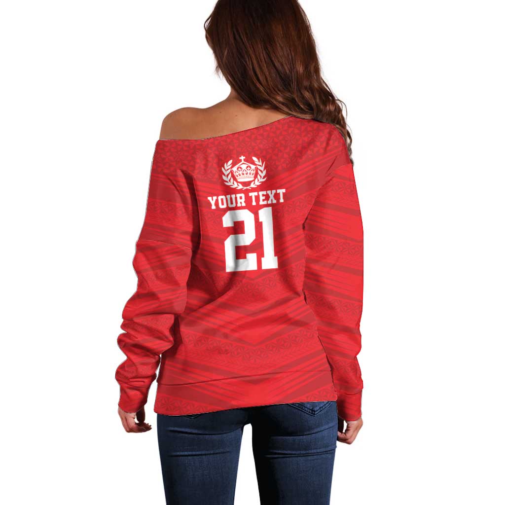 Custom Mate Ma'a Tonga Heritage Off Shoulder Sweater Pacific Tribal Rugby Red Edition - Polynesian Pride