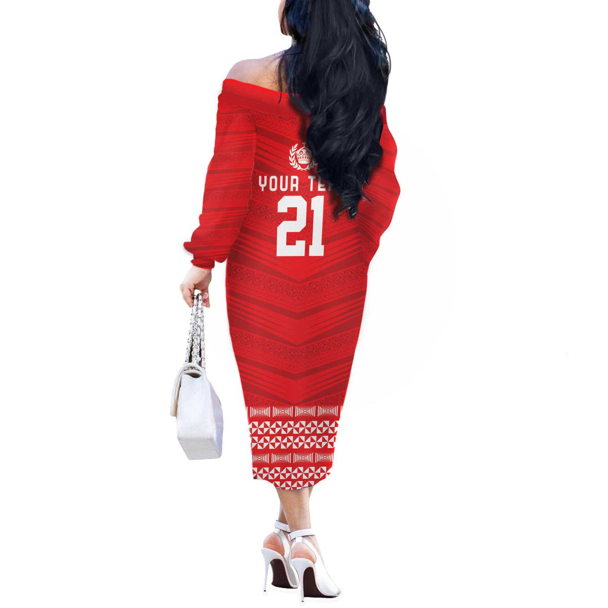 Custom Mate Ma'a Tonga Heritage Off The Shoulder Long Sleeve Dress Pacific Tribal Rugby Red Edition - Polynesian Pride