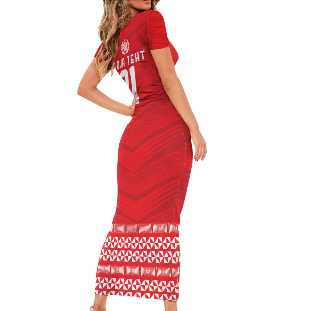 Custom Mate Ma'a Tonga Heritage Short Sleeve Bodycon Dress Pacific Tribal Rugby Red Edition - Polynesian Pride