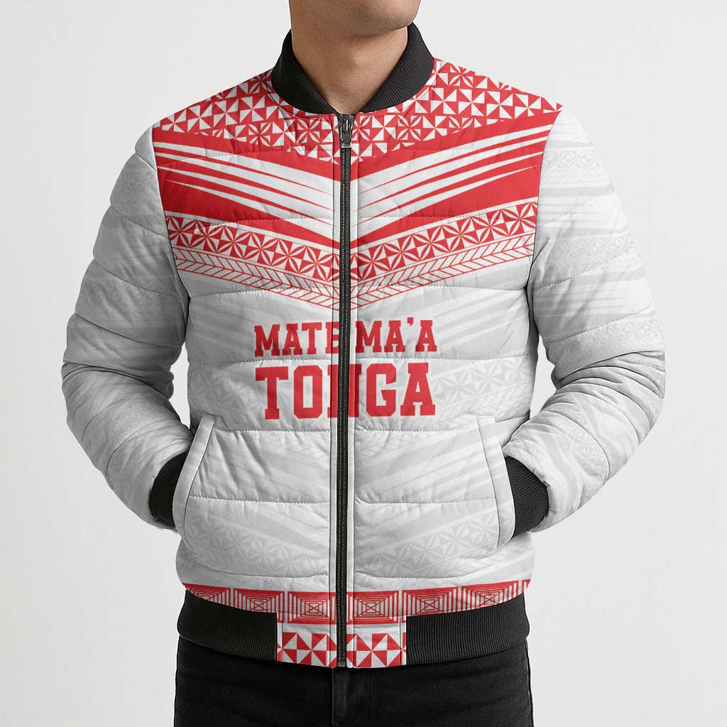 Custom Mate Ma'a Tonga Heritage Bomber Puffer Jacket Pacific Tribal Rugby White Edition - Polynesian Pride