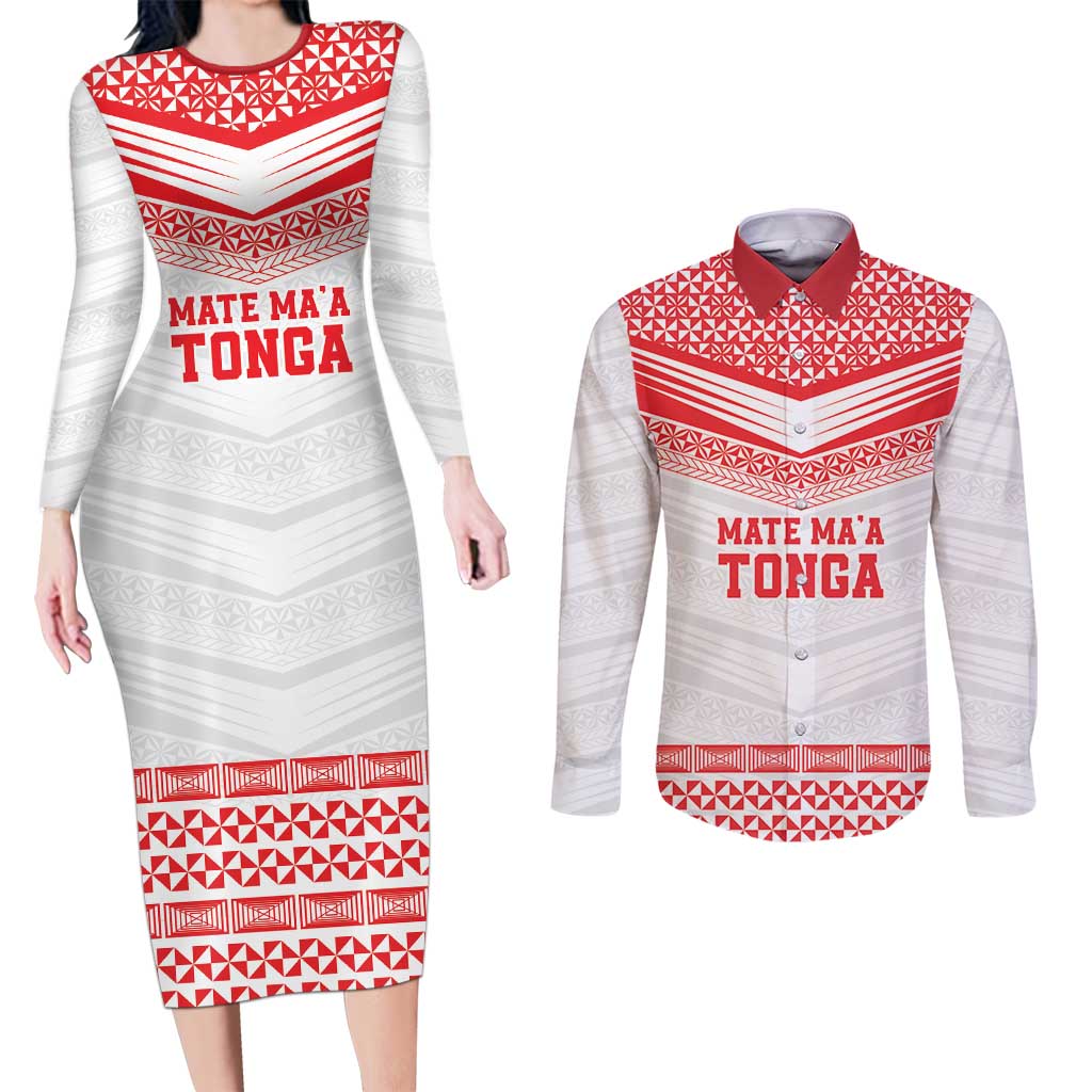 Custom Mate Ma'a Tonga Heritage Couples Matching Long Sleeve Bodycon Dress and Long Sleeve Button Shirt Pacific Tribal Rugby White Edition LT9 White - Polynesian Pride