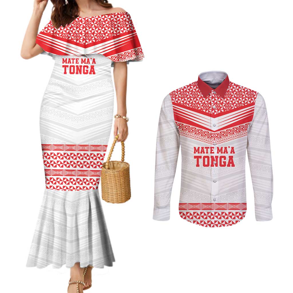 Custom Mate Ma'a Tonga Heritage Couples Matching Mermaid Dress and Long Sleeve Button Shirt Pacific Tribal Rugby White Edition LT9 White - Polynesian Pride
