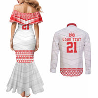 Custom Mate Ma'a Tonga Heritage Couples Matching Mermaid Dress and Long Sleeve Button Shirt Pacific Tribal Rugby White Edition LT9 - Polynesian Pride