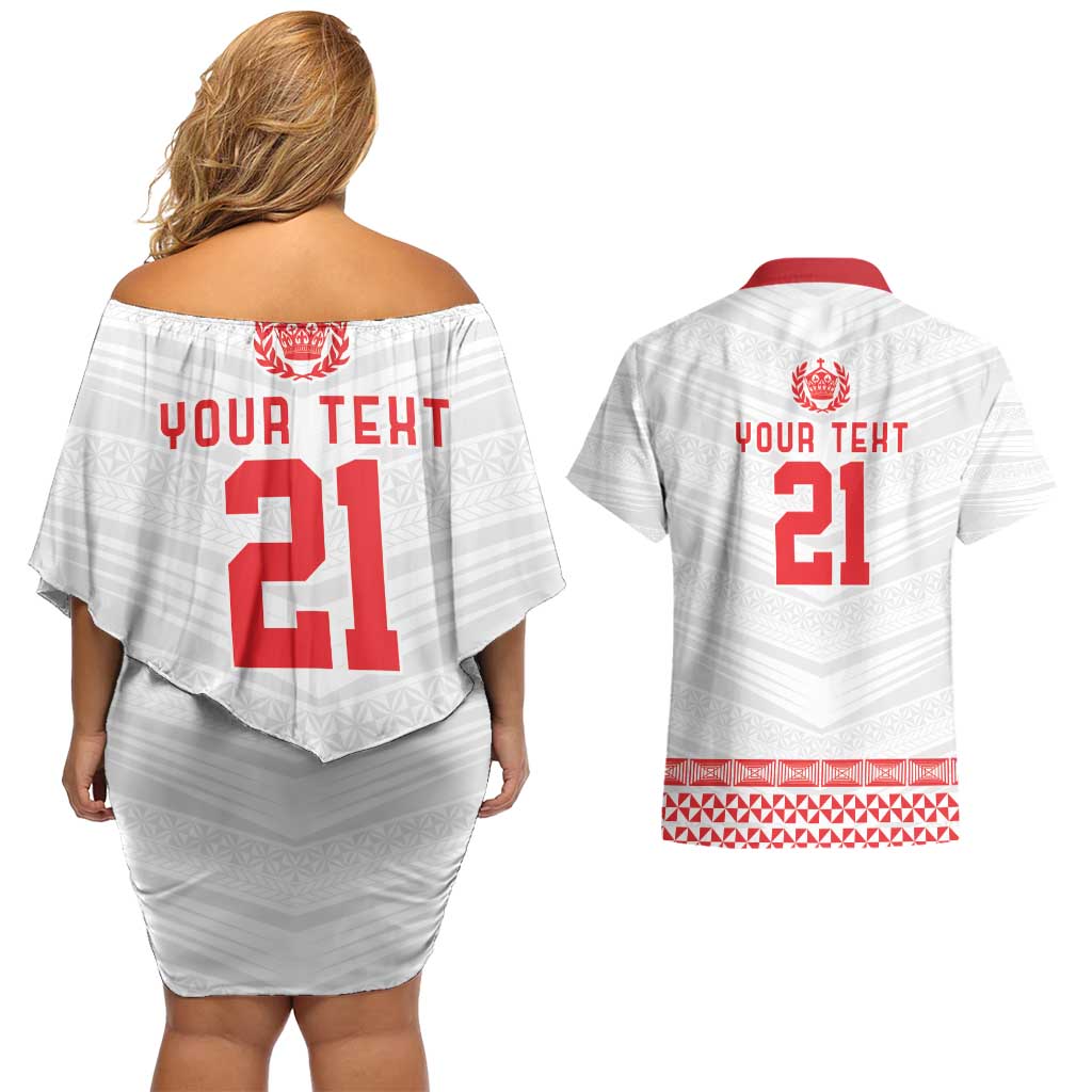 Custom Mate Ma'a Tonga Heritage Couples Matching Off Shoulder Short Dress and Hawaiian Shirt Pacific Tribal Rugby White Edition - Polynesian Pride