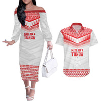 Custom Mate Ma'a Tonga Heritage Couples Matching Off The Shoulder Long Sleeve Dress and Hawaiian Shirt Pacific Tribal Rugby White Edition - Polynesian Pride
