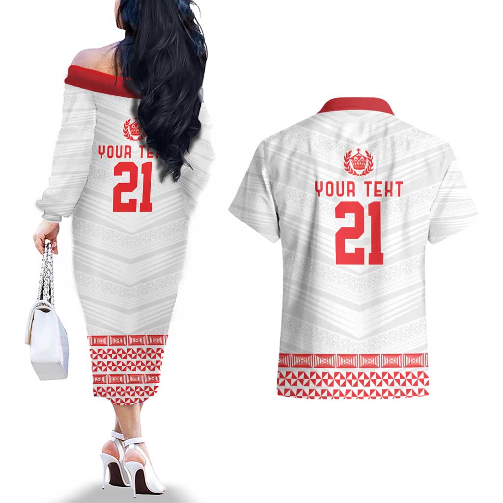 Custom Mate Ma'a Tonga Heritage Couples Matching Off The Shoulder Long Sleeve Dress and Hawaiian Shirt Pacific Tribal Rugby White Edition - Polynesian Pride