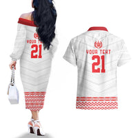 Custom Mate Ma'a Tonga Heritage Couples Matching Off The Shoulder Long Sleeve Dress and Hawaiian Shirt Pacific Tribal Rugby White Edition - Polynesian Pride