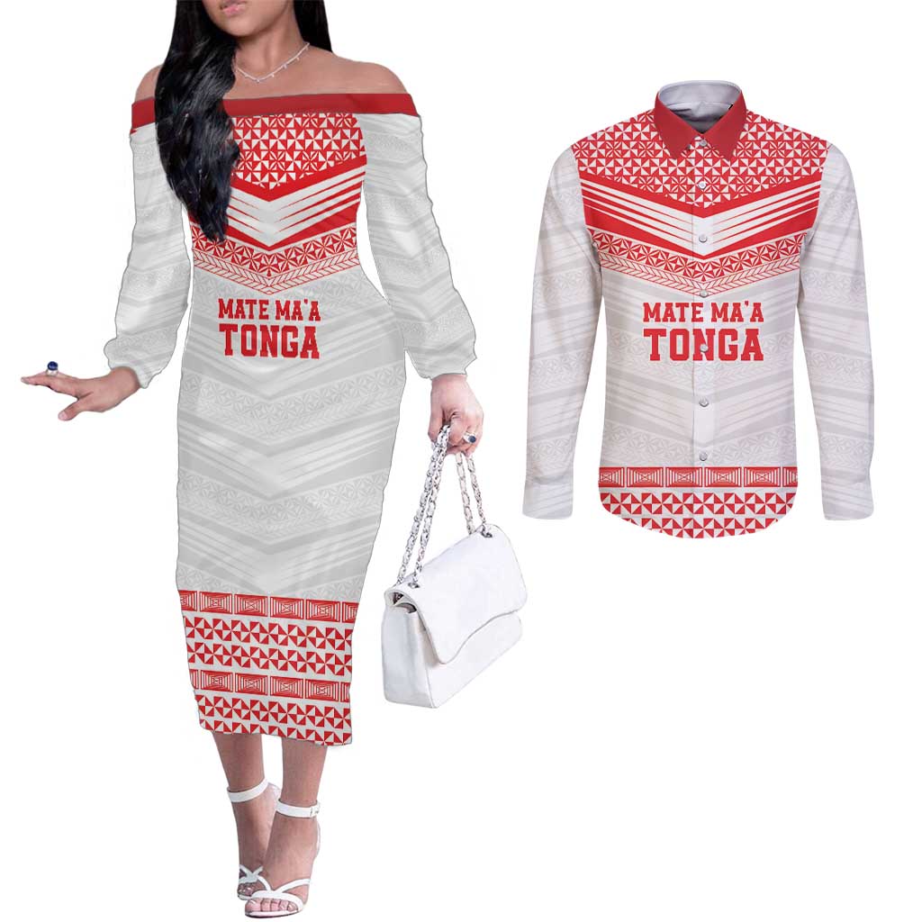 Custom Mate Ma'a Tonga Heritage Couples Matching Off The Shoulder Long Sleeve Dress and Long Sleeve Button Shirt Pacific Tribal Rugby White Edition LT9 White - Polynesian Pride